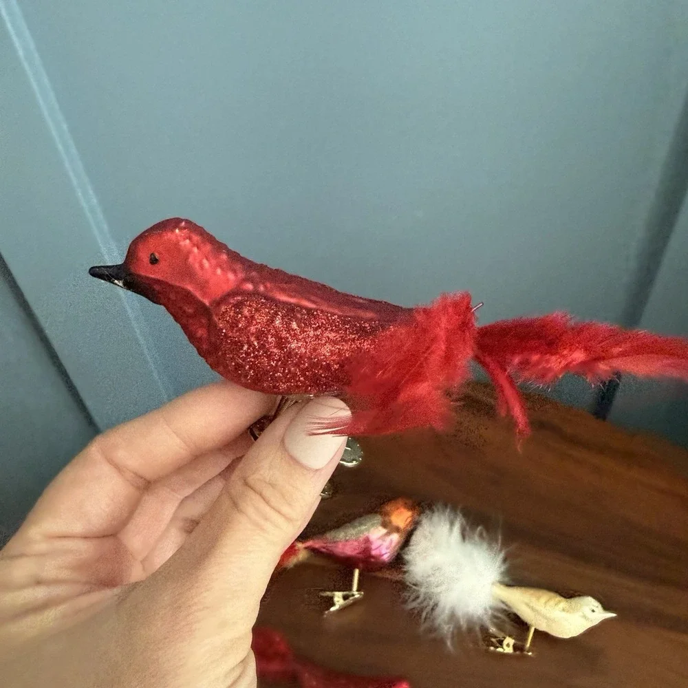 Vintage Glass Clip On Bird Ornaments 4‎ Cardinal Feather Tail Glitter German F/W